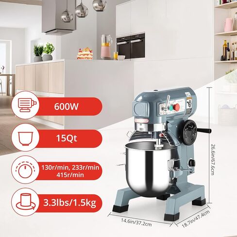 PioneerWorks Commercial Food Mixer,15Qt 3 Speed with Stainless Steel Bowl, Dough Hooks, Whisk Beater,Stand Mixer With Safety Guard 600W,110V for Restaurant, Bakeries,Commercial Kitchen in Saudi Arabia