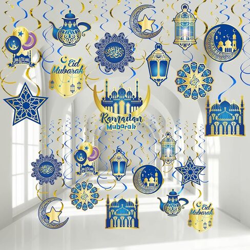30 Pieces Ramadan Mubarak Decorations, Eid Mubarak Hanging Swirl Shining Gold Star Moon Lantern Ceiling Foil Decor for Eid Al-fitr Party Egyptian Holiday Decorations Supplies (Blue and Gold) in Saudi Arabia