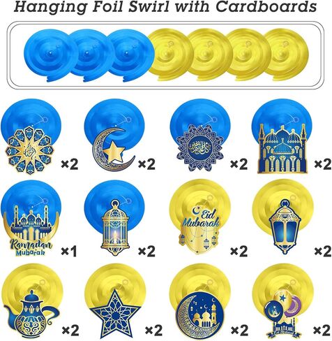 30 Pieces Ramadan Mubarak Decorations, Eid Mubarak Hanging Swirl Shining Gold Star Moon Lantern Ceiling Foil Decor for Eid Al-fitr Party Egyptian Holiday Decorations Supplies (Blue and Gold) in Saudi Arabia