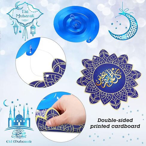 30 Pieces Ramadan Mubarak Decorations, Eid Mubarak Hanging Swirl Shining Gold Star Moon Lantern Ceiling Foil Decor for Eid Al-fitr Party Egyptian Holiday Decorations Supplies (Blue and Gold) in Saudi Arabia