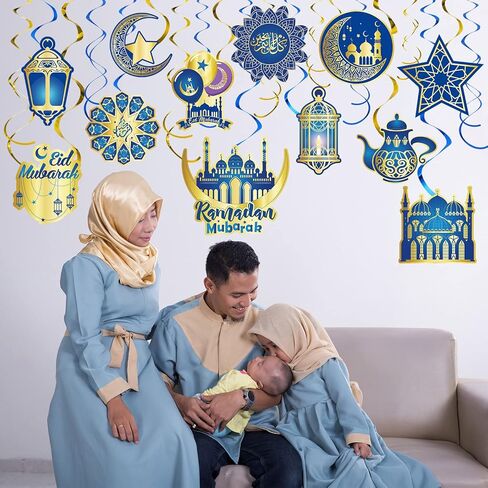 30 Pieces Ramadan Mubarak Decorations, Eid Mubarak Hanging Swirl Shining Gold Star Moon Lantern Ceiling Foil Decor for Eid Al-fitr Party Egyptian Holiday Decorations Supplies (Blue and Gold) in Saudi Arabia