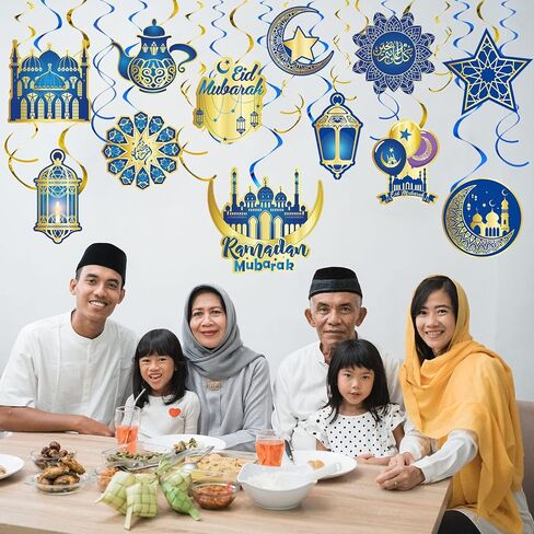 30 Pieces Ramadan Mubarak Decorations, Eid Mubarak Hanging Swirl Shining Gold Star Moon Lantern Ceiling Foil Decor for Eid Al-fitr Party Egyptian Holiday Decorations Supplies (Blue and Gold) in Saudi Arabia