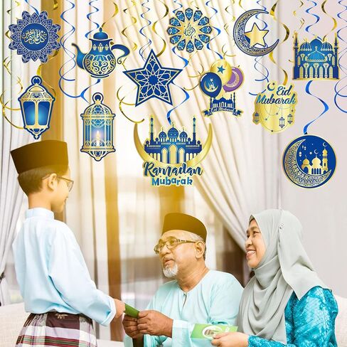 30 Pieces Ramadan Mubarak Decorations, Eid Mubarak Hanging Swirl Shining Gold Star Moon Lantern Ceiling Foil Decor for Eid Al-fitr Party Egyptian Holiday Decorations Supplies (Blue and Gold) in Saudi Arabia