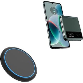 شاحن BoxWave متوافق مع Motorola razr (2023) - شاحن لاسلكي SwiftCharge PowerDisc (15 واط)، شاحن سطح المكتب الدائري اللاسلكي Qi بقدرة 15 واط - أسود لامع