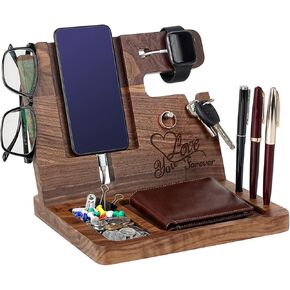 Wood Phone Docking Station for Men Personalized - Valentine's Day Idea for Husband Boyfriend Birthday Gift for Him - Wooden Organizer Nightstand Organizer