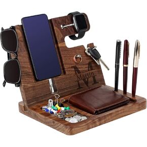 Wood Phone Docking Station for Men Personalized - Valentine's Day Idea for Husband Boyfriend Birthday Gift for Him - Wooden Organizer Nightstand Organizer