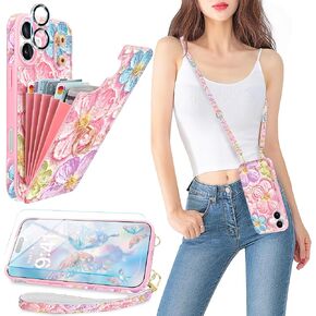 for iPhone 16 Case with Card Holder for Women, Retro 3D Oil Painting Floral Leather Strap Wristlet Flip Case [Screen Protector+Camera Lens Protector] Ring Stand Protective Cover, Rose Gold