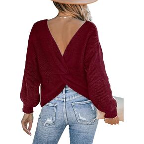CUPSHE Women's Round Neck Sweater Ribbed Knit Twist Back Pullover with Long Sleeves