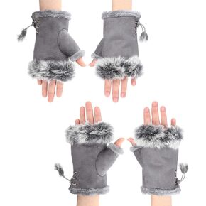Suede Women Fingerless Gloves Faux Fur Warm Wrist Half Finger Driving Texting Winter Fuzzy Cold Weather Warmer Mitten