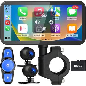 Motorcycle Dash Cam, Motorcycle Apple Carplay & Android Auto GPS Navigation for Motorbike, Dual HD 1080P Cameras, Motorcycle Camera, Bluetooth, Support Siri, Google Assistant, TF-128GB