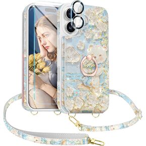 for iPhone 16 Case with Card Holder for Women, Retro 3D Oil Painting Floral Leather Strap Wristlet Flip Case [Screen Protector+Camera Lens Protector] Ring Stand Protective Cover, Rose Gold