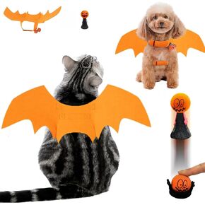Halloween Dog Cat Bat Wings Costume, Halloween Cute Apparel Cosplay Party Decoration, Dress-Up, Pumpkin Head Jumping Popper Bouncing Toy and Pumpkin Bells Combo for Cat Dogs Puppy Kitty, Orange