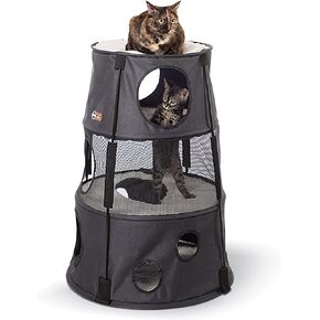 K&H PET PRODUCTS Cat Tower Tree Condo for Indoor Cats, Modern Cute Cat Hammock Bed, Kitten & Adult House Activity Center Playground Tree Cave Large Cozy Hideaway - 2 Level Denim 22 X 20