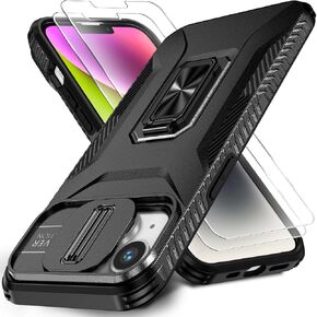 حافظة لهاتف iPhone 13/iPhone 14 مقاس 6.1 بوصة غطاء كاميرا منزلق + واقي شاشة (عبوتان)، غطاء واقٍ مقاوم للصدمات من الدرجة العسكرية، مسند حلقي دوار مع حماية الكاميرا (أسود)