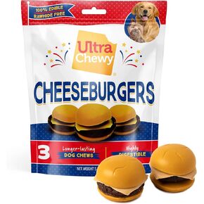Ultra Chewy Cheeseburgers: Long-Lasting Treats Made in USA for Large and Small Breeds, Highly Digestible, Made with Real Chicken (3 Pack)
