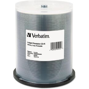 Verbatim 95252 CD-R, 700MB, 52X, White Inkjet Printable, Hub Printable, 100/PK Spindle