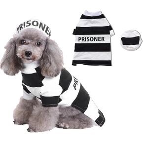 Dog Prisoner Halloween Inmate Costume, Prison Pooch Pet Striped Clothes with Hat, Funny Jail Dress up for Yorkie Chihuahua (Medium)