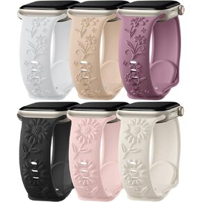 6 Pack Floral Engraved Compatible with Apple Watch Bands for Women 42mm 38mm 40mm 41mm 44mm 45mm 46mm, Soft Silicone Embossed Flower Smart Watches Strap for iWatch Series 10 9 8 7 6 5 4 3 2 SE Ultra