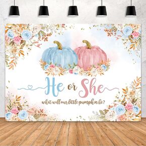MEHOFOND 7x5ft Pumpkin Gender Reveal Backdrop Fall Pumpkin Baby Shower Party Decorations Supplies He or She Fall Floral Photography Background Thanksgiving Baby Shower Banner Photo Booth Props