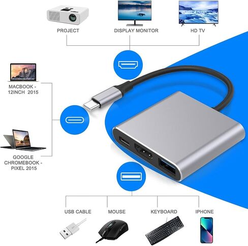 USB C to HDMI Adapter, 3-in-1 HDMI to USBC Digital AV Multiport Adapter,Type C Hub Converter to 4K HDMI, USB 3.0, 100W PD for MacBook Pro Air iPad Chromebook XPS Switch, Laptop, Phone in Kuwait