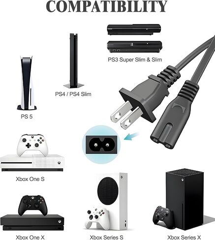 AC Power Cord for PS4/PS4 Slim/PS5/PS3 Slim/PS3 Super Slim,Xbox One S/Xbox One X,Xbox Series X/Xbox Series S,PlayStation 5/4 Slim/3 Slim,2 Prong Power Cable Replacement 6 Feet in Saudi Arabia