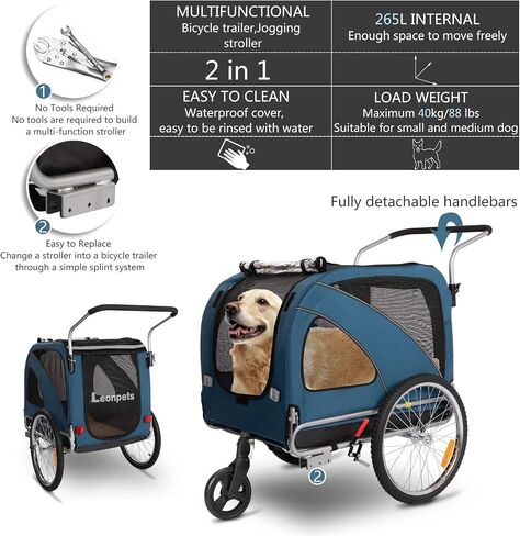 Sepnine Leonpets 3 in 1 Large Pet Dog Bike Trailer with a 12" Jogger Wheel and a 6" Stroller Wheel, Quick Set-up and Fold Down with Bicycle Coupler (Blue) in Saudi Arabia
