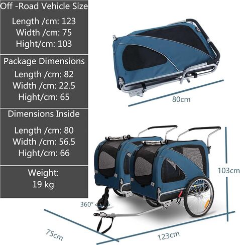 Sepnine Leonpets 3 in 1 Large Pet Dog Bike Trailer with a 12" Jogger Wheel and a 6" Stroller Wheel, Quick Set-up and Fold Down with Bicycle Coupler (Blue) in Saudi Arabia