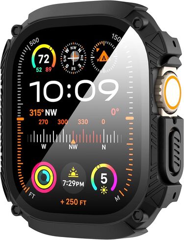 Suoman for Apple Watch 49mm Waterproof Screen Protector Case, Tempered Glass Screen Protector Cover for iWatch Ultra/Ultra 2 49mm SmartWatch [Dazzling Cool Armored] [Full Body Shockproof ]- Black in Kuwait