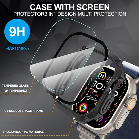 Suoman for Apple Watch 49mm Waterproof Screen Protector Case, Tempered Glass Screen Protector Cover for iWatch Ultra/Ultra 2 49mm SmartWatch [Dazzling Cool Armored] [Full Body Shockproof ]- Black in Kuwait