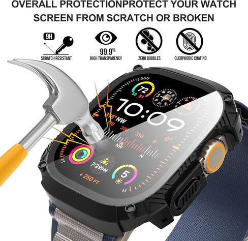 Suoman for Apple Watch 49mm Waterproof Screen Protector Case, Tempered Glass Screen Protector Cover for iWatch Ultra/Ultra 2 49mm SmartWatch [Dazzling Cool Armored] [Full Body Shockproof ]- Black in Kuwait
