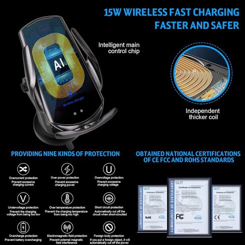 Wireless Car Charger,15W Qi Fast Charging, Automatic Sensor Auto-Clamping Car Phone Holder, Windshield Dashboard Air Vent Car Phone Mount, Q3-US in Saudi Arabia