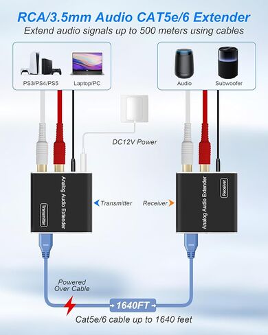 3.5mm RCA Analog Signal Audio Extender - Over Cat5e/ 6/7 Cable Extend 1640FT RCA Coaxial 3.5mm Audio Extend Adapter, Support Dolby Digital, DTS, PCM, Stereo, for Phone/ MP3/ Blu-Ray Player/Desktop in Kuwait