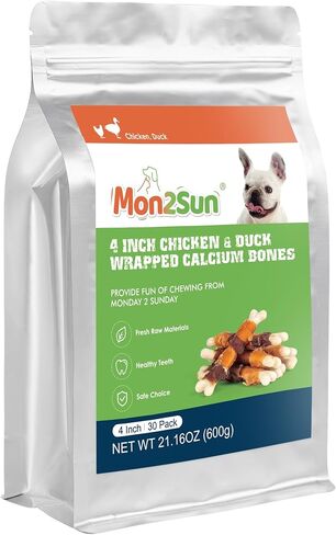 MON2SUN Double Flavor Dog Treats, 4 Inch Chicken and Duck Wrapped Calcium Bones, Rawhide Free Dog Chews for Small Dogs, Teeth Cleaning Dog Bones, 21.16oz (30 Count-Pack of 1) in Kuwait