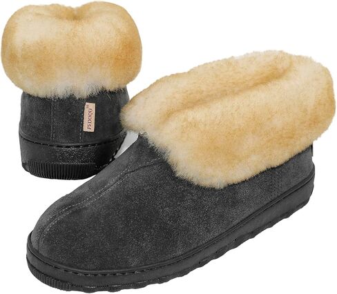 PEDOQU Men Boots Slipper Leather Upper Sheepskin Collar Memory Foam Rubber Soles Indoor Outdoor House Slipper in Saudi Arabia