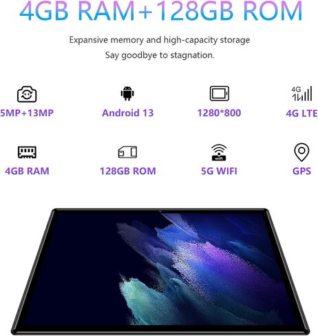 Tablet Android Tablets, 2024 Newest Octa-Core Android 13 Unlocked Tablet with SIM Card Slot, 128GB ROM+4GB RAM, 10 Inch5MP+13MP Camera/5G WIFI GPS/BT/6000mAh/1280*800 IPS Screen/Cellular Tablet in Kuwait