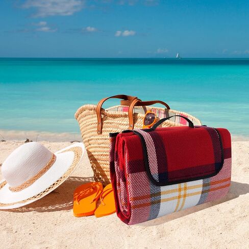 بطانية نزهة في الهواء الطلق من واكمان مع بطانة إسفنجية - حصيرة شاطئ مقاومة للماء وقابلة للطي للسفر والتخييم والمهرجانات والرياضة (أحمر منقوش) in Kuwait