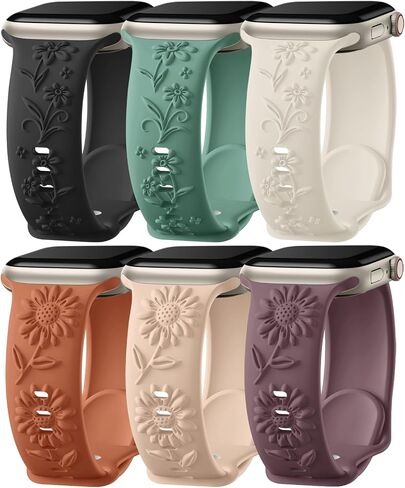 6 Pack Floral Engraved Compatible with Apple Watch Bands for Women 42mm 38mm 40mm 41mm 44mm 45mm 46mm, Soft Silicone Embossed Flower Smart Watches Strap for iWatch Series 10 9 8 7 6 5 4 3 2 SE Ultra in Saudi Arabia