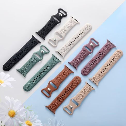 6 Pack Floral Engraved Compatible with Apple Watch Bands for Women 42mm 38mm 40mm 41mm 44mm 45mm 46mm, Soft Silicone Embossed Flower Smart Watches Strap for iWatch Series 10 9 8 7 6 5 4 3 2 SE Ultra in Saudi Arabia