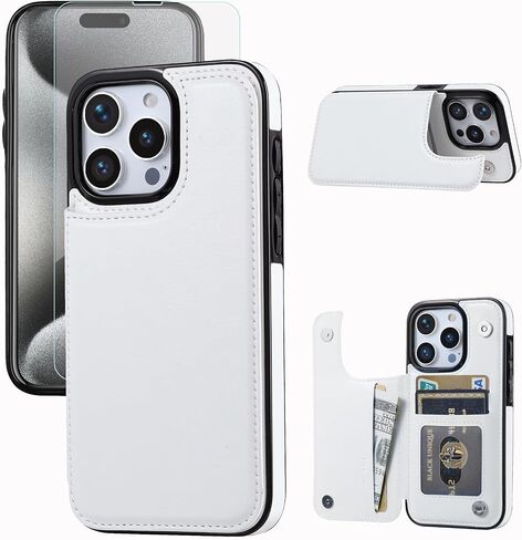 Compatible with iPhone 15 Pro 6.1" Wallet Case +1 Screen Protector, Slim Protective case with Card Holder, PU Leather Kickstand Card Slots Case iPhone 15 pro(6.1")-White in Saudi Arabia