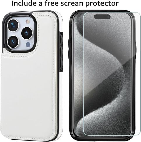 Compatible with iPhone 15 Pro 6.1" Wallet Case +1 Screen Protector, Slim Protective case with Card Holder, PU Leather Kickstand Card Slots Case iPhone 15 pro(6.1")-White in Saudi Arabia