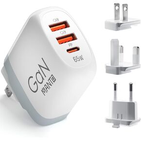 MANTO 65W USB C Charger 3-in-1 GaN Fast Charger with PD & QC3.0 | Travel Power Adapter with UK/US/EU Plugs for Laptops, MacBook, iPad, iPhone, Galaxy & More