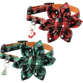 2pcs Christmas Dog Collar with Flower, Adjustable Plaid Dog Collar Detachable Holiday Dog Collars with Pendant Snowflake Pet Christmas Collars for Dog Cat (Medium)