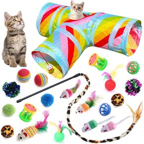 GONPETGP Cat Toys for Indoor Cats, 23 PCS Kitten Toys Set, Collapsible Pet Tunnel Cube Tent Toys, Interactive Cat Feather Teaser Wand Cat Bell Balls Fuzzy Ball Springs Mouse Toys for Cat Kitty