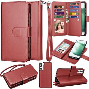 Takfox Wallet Case for Samsung Galaxy S22 Plus, Galaxy S22 Plus Case, PU Leather Credit Card Holder Phone Case [9 Card Slots] Folio Flip Detachable Magnetic Cover Kickstand & Carrying Strap-Wine Red in Kuwait
