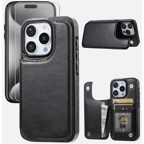 Compatible with iPhone 15 Pro 6.1" Wallet Case +1 Screen Protector, Slim Protective case with Card Holder, PU Leather Kickstand Card Slots Case iPhone 15 pro(6.1")-White
