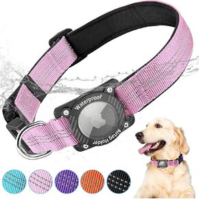 AirTag Dog Collar, IPX8 Waterproof Air Tag Dog Collar Holder, Reflective, Durable, Comfortable Padded GPS Collars for Small Medium Large Dogs, Pink, M