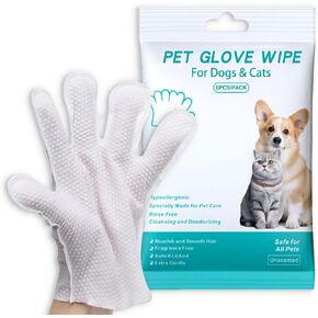 Dog and Cat Cleaning Gloves, Cleaning and Deodorizing Grooming Gloves, Dog and Cat Fur Face, Ears, Eyes, Paws Cleaner, Pet Grooming Wipes, Nourishing Fur, for Daily Care and Travel, No Rinse (6 Pcs)
