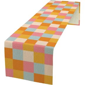 Hippie Table Runner Vintage Geometric Square Grid Yellow Orange Pink 1960s 1970s Retro Country Farmhouse Dinner Runner for Living Room Kitchen Party Holiday Dinner Home 13x70in