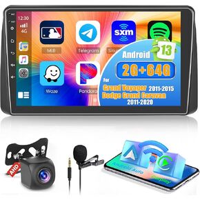 [2G+64G] Android 13 Stereo for Grand Voyager 2011-2015 & Dodge Grand Caravan 2011-2020 with Wireless Carplay, 9 Inch HD Touchscreen Radio with Android Auto WiFi RDS Backup Camera