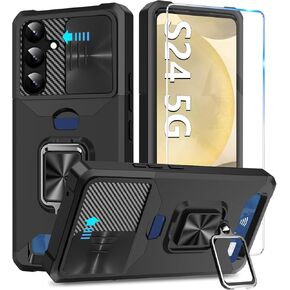 for Samsung Galaxy S24 Case with Slide Camera Cover and Screen Protector Military Grade Phone Case with Card Holder Slot Magnetic Kickstand Ring Shockproof Protective Cover for Samsung S24 5G (Black)